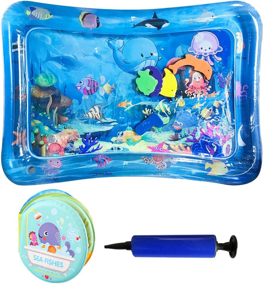 AUWOD Inflatable Tummy Time Water Mat Premium Infants Baby Play Mat with Baby Bath Book Leakproof Newborn Babies Early Development Activity Center for Toddlers Stimulation Growth (26"x20")