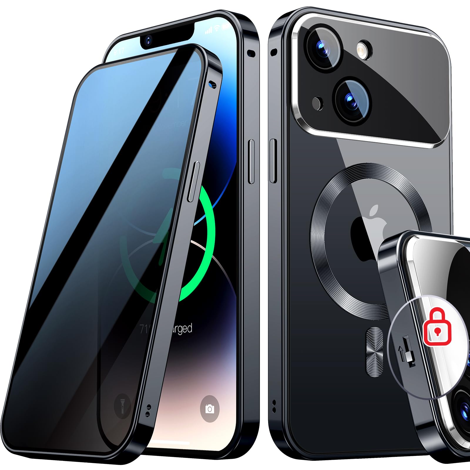 Photo 1 of SIYUKBM [Full Camera Protection& Mechanical Lock] Magnetic Privacy Case for iPhone 14 [Compatible with MagSafe] [CD Metal Ring] Full Body Shockproof Metal Bumper, 9H Anti Peeping Glass Cover-Black