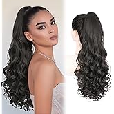 Finler Ponytail Extension, Black Brown 24 Inch Long Claw Clip in Curly Wavy Pony Tails Hair Extensions, Natural Looking Synthetic Hairpiece for Women
