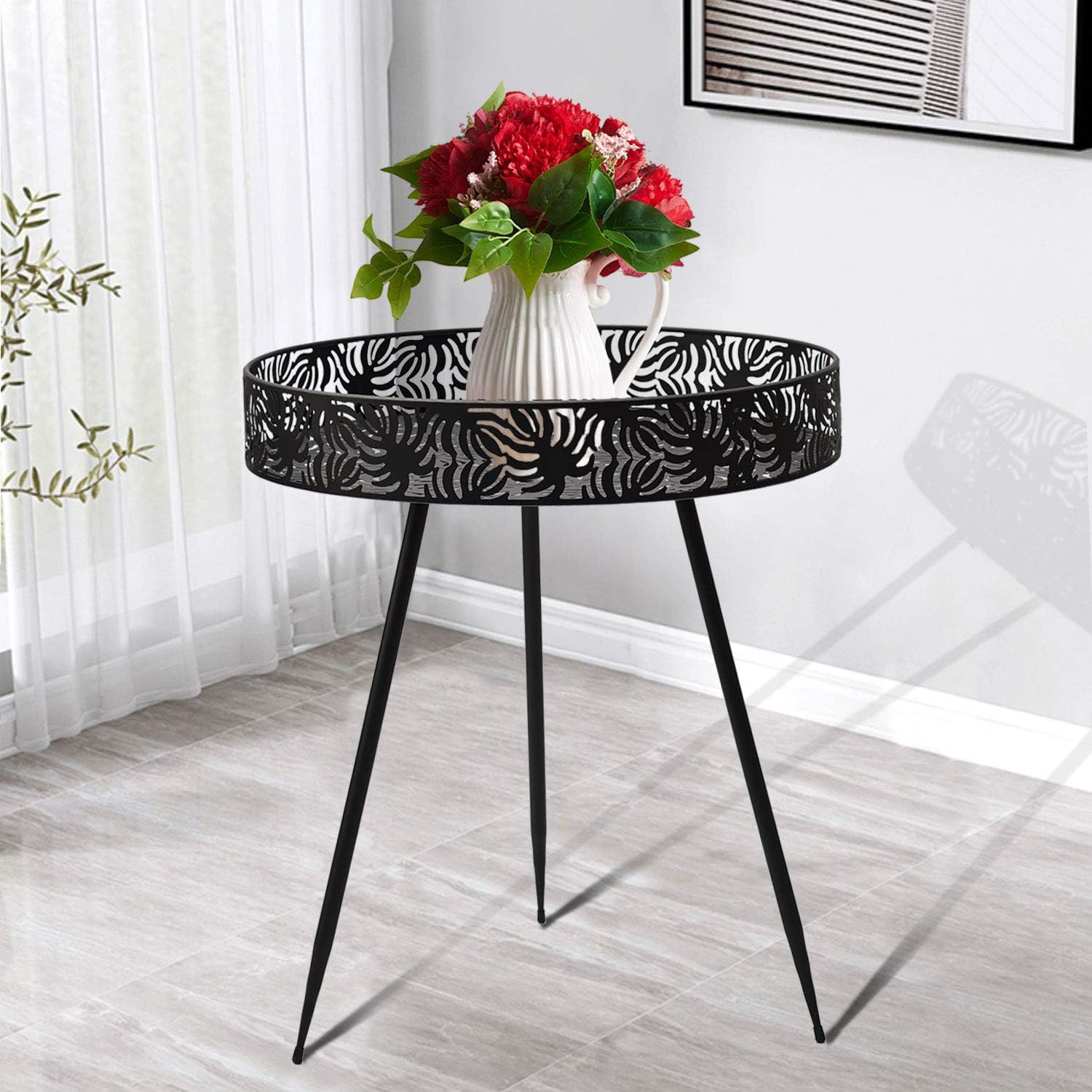 Donosura Side Table Plant Table 16 Inch End Table Indoor Outdoor Coffee Table Perfect for Picnic Food Kitchen Bedroom Graden Patio, Black Metal Round : Garden & Outdoor