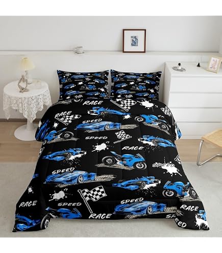 Race Car Comforter Set – Twin Size For Boys/Kids/Teens, Sports Car Bedding, 2 Piece Set With Pillowcase