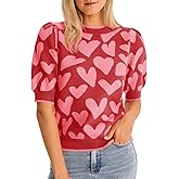 Saodimallsu Womens Puff Short Sleeve Heart Sweater Valentines Crew Neck Graphic Knit Pullover Crop Tops