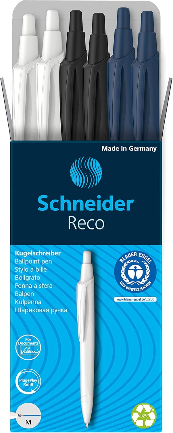 Schneider Reco M Penna A Sfera Ecologica, Corpo In Plastica Riciclata, Inchiostro Nero Impermeabile, Linea Media, Bianco - 3