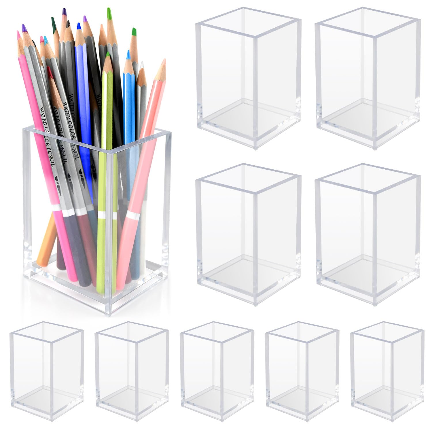 Photo 1 of 10 Pack Clear Acrylic Pen Holder for Desk, Pencil Cup Makeup Brush Organizer, Square Acrylic Pencil Holders for Office School Home Supplies, Desktop Stationery Organizer for Pens Markers Brushes