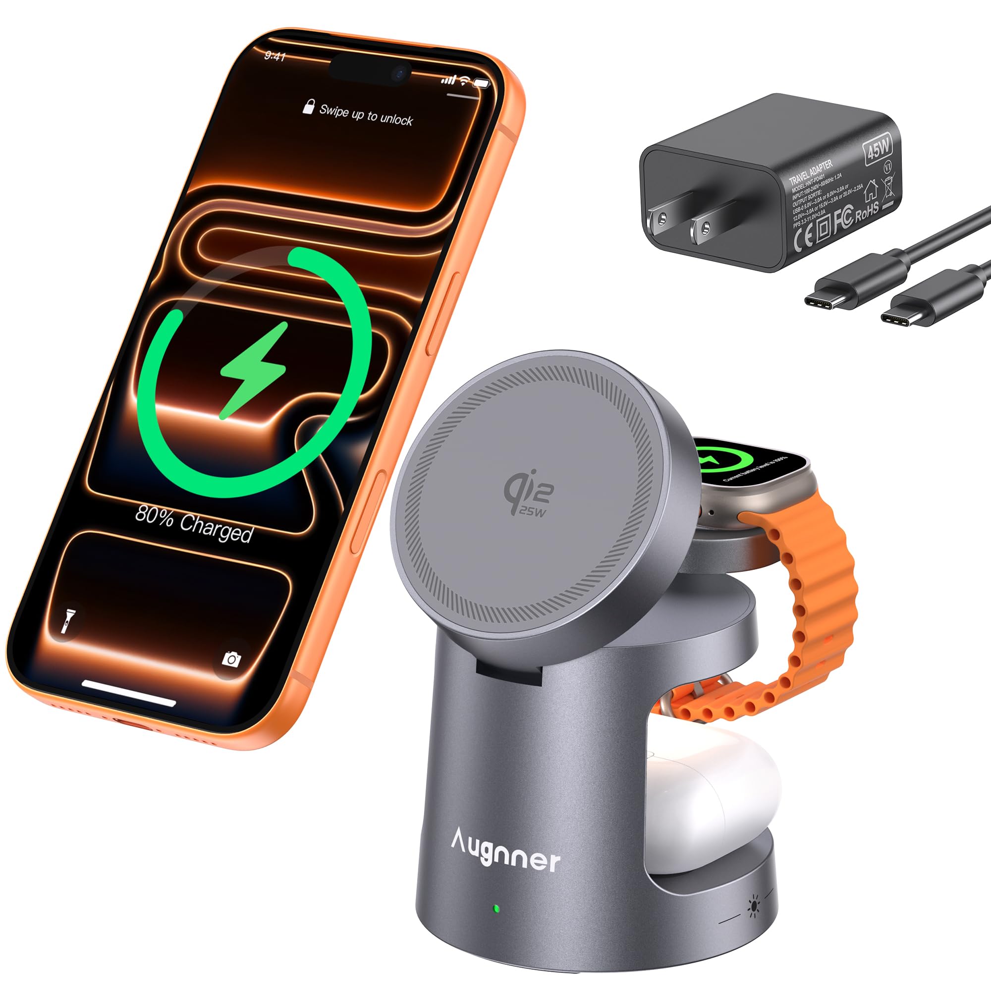 Photo 1 of 3 in 1 Charging Station Compatible with MagSafe Charger, Qi2.2 25W Magnetic Wireless Charger with Night Light, Foldable Charging Stand for iPhone 17/16/15/14/13/12, Apple Watch, AirPods (45W Adapter)