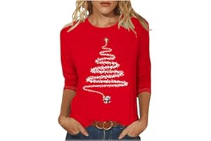 Christmas Shirts for Women 3/4 Sleeve Tunic Tops Glitter Xmas Tree Print Tshirt Crewneck Pullover Blouses Tees