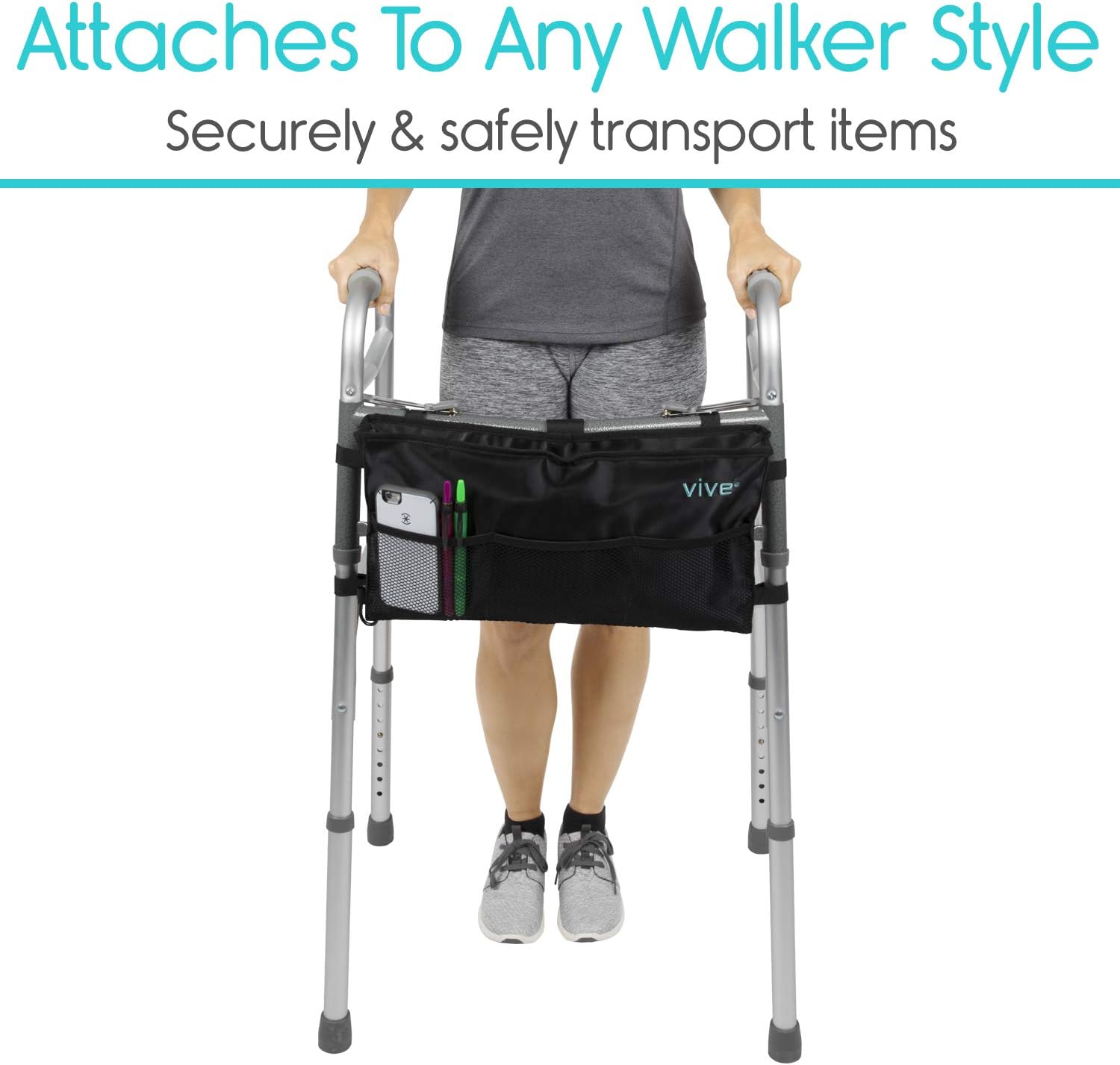 Vive Walker Bag - Water Resistant Accessory Basket Provides Hands Free Storage for Folding Walkers - Attachment Fits Wide and Narrow Styles - Tote Caddy Pouch for Elderly, Seniors, Handicap, Disabled: Health & Personal Care