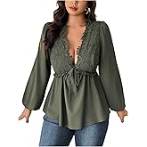 SweatyRocks Women's Plus Size Deep V Neck Lace Blouses Bishop Sleeve Ruffled Peplum Shirts Top