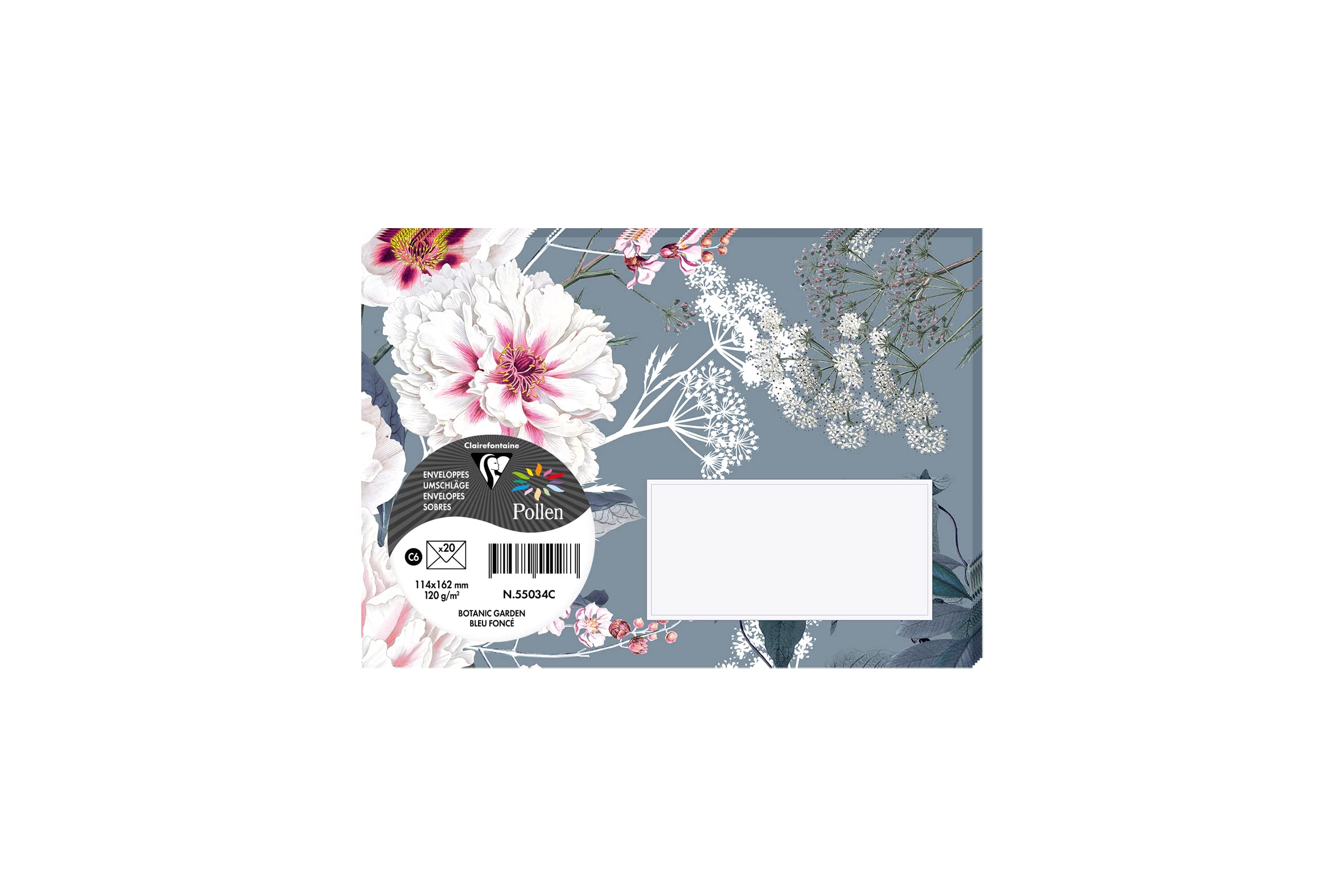 Clairefontaine 55034C Botanic Garden Theme Set of 20 Gummed Printed Envelopes C6 11,4x16,2cm 120g Colour Dark blue Event & Correspondence invitations Pollen range