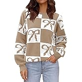 Saodimallsu Womens Color Block Bow Sweater Oversized Crewneck Long Sleeve Knit Warm Pullover Tops