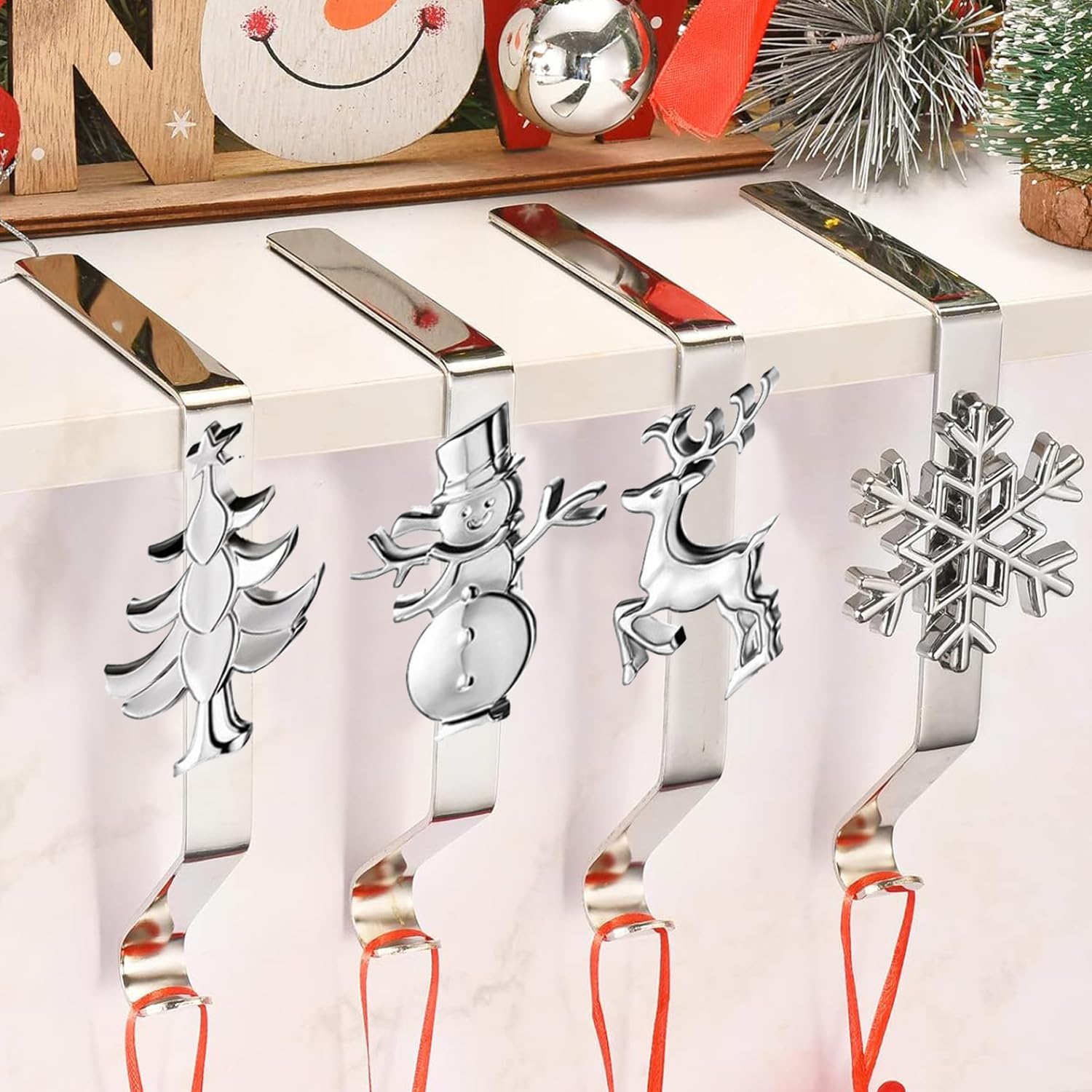 Norhogo 4pcs Christmas Stocking Holders - Different Pattern Hangers for Mantle and Fireplace - Silver