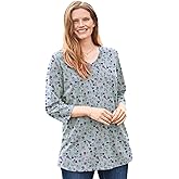 Woman Within Plus Size Perfect Printed Three-Quarter Sleeve V-Neck Tee