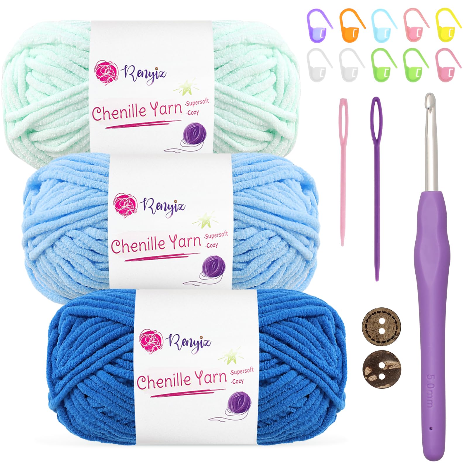 Renyiz Chunky Chenille Yarn for Crochet Fluffy Baby Blanket Yarn 3x50g Soft Fluffy Wool with 5mm Crochet Hook Amigurumi Crochet Yarn for Beginners (Blue-3) — image 1