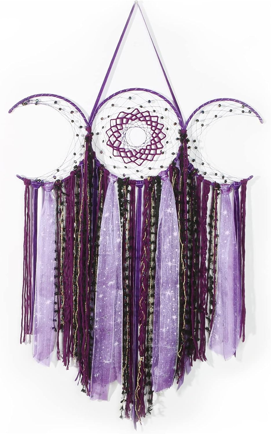Tapestries - ANROYE Purple Triple Moon Goddess Macrame Wall Hanging, Boho Large Wiccan Crescent Moon Dream Catcher, Handmade Bohemian Hippie Woven Pagan Tapestry Decor for Bedroom Nursery Decoration
