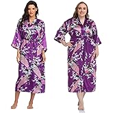 Super Shopping-zone Women's Floral Long Silk Kimono Robes Satin Dressing Gown Peacock Blossoms
