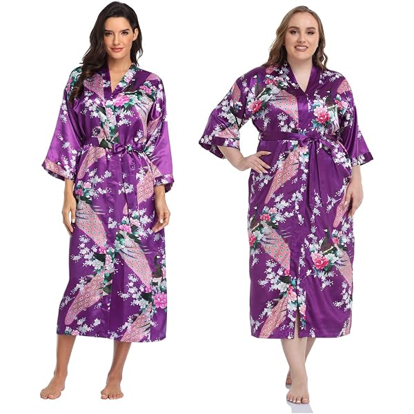 Kimono Largo Mujer - Albornoz De Flores Y Pavo Real Rojo Talla L - Bata De Sueño Estampada