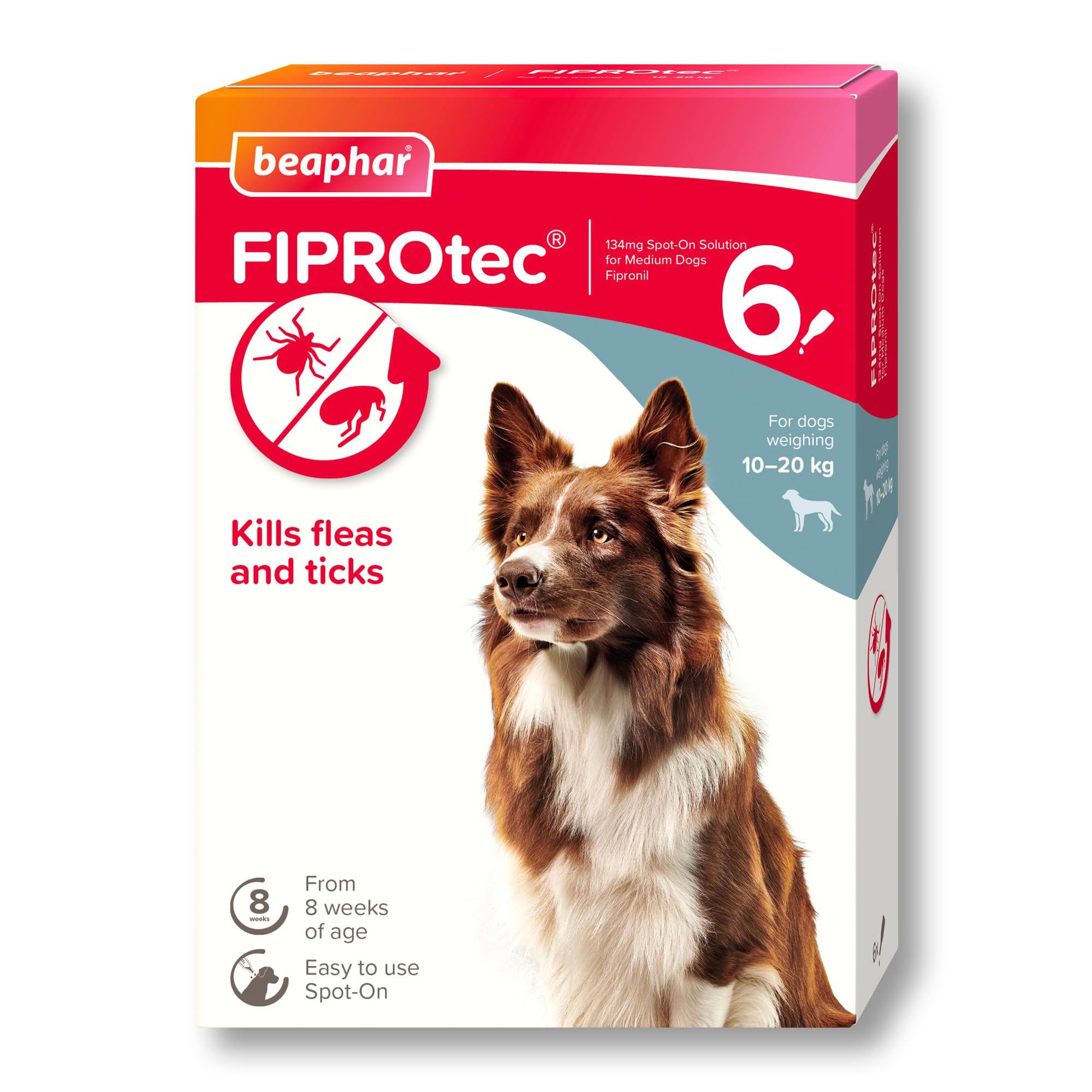Beaphar - FIPROtec Spot-On Flea & Tick Treatment for Medium Dogs 10-20kg - 6 Pipettes - Kills Fleas & Ticks – Veterinary Medicine - Easy to Apply Monthly - Suitable for Dogs & Puppies from 8 Weeks