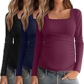 Baggyfly 3 Pack Women's Maternity Shirts Long Sleeve Side Ruched Pregnancy Tops Square Neck Basic Tunic Knit Mama Clothes