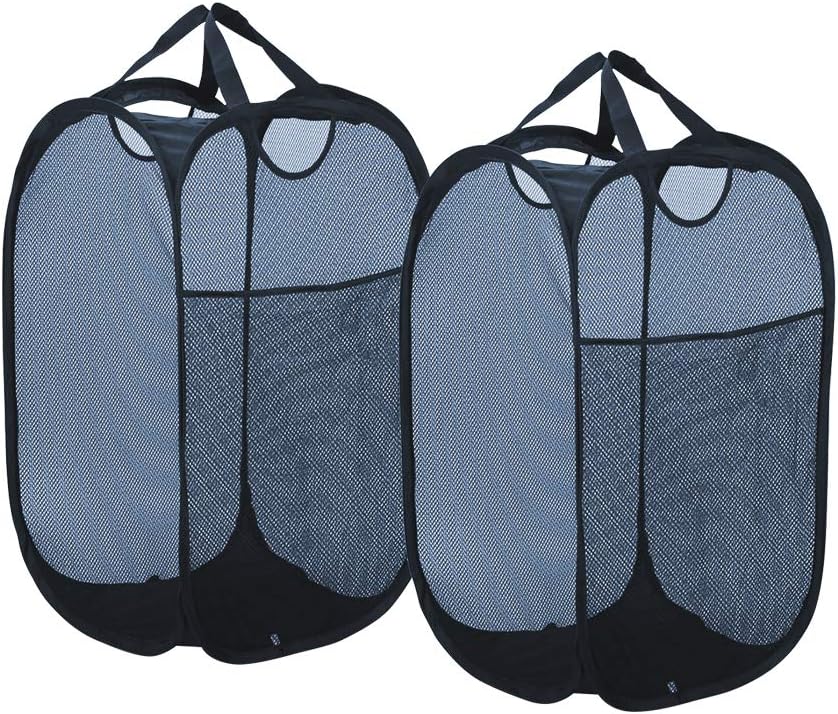 JJ PRIME - Pack of 2 Large Foldable Collapsible Pop up Fabric Laundry Net Basket Hamper Mesh Bag Bins with Reinforced Carry Handles Toy Tidy Storage Organiser Organizer Rectangle (2 Pcs Navy Blue)