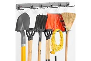 Aking Ace Garage Organization Wall Mount, 48inch Garden Tool Organizer with 6 Clamping Hooks, Heavy Duty, Garage Hanging Storage Rack for Yard Tools, Shovel, Shed, Hold Up to 420lbs (48Inch Grey)