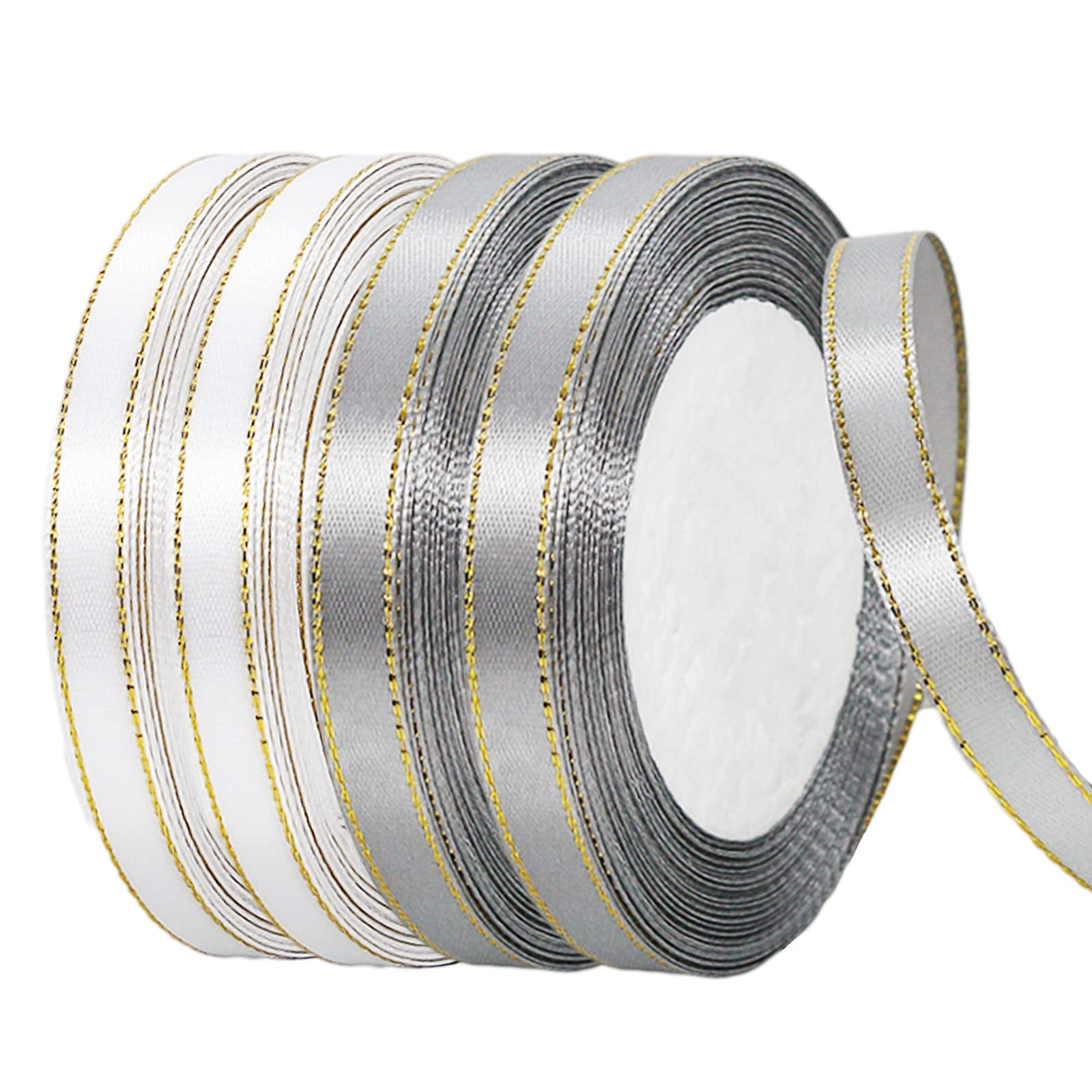 YAAVAAW 4 Rolls Silver Grey, White Ribbon 10mm for Gift Wrapping 22M, Double Sided Thick Silver, Satin Crafting Cake Ribbon,Hair Bow Ribbon,Balloon,Christmas Decoration,Wedding Car