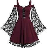 Gothic Lace Dress for Women Off-Shoulder Vintage Dresses Bell Sleeve Steampunk Medieval Costume Cosplay Halloween Dresses