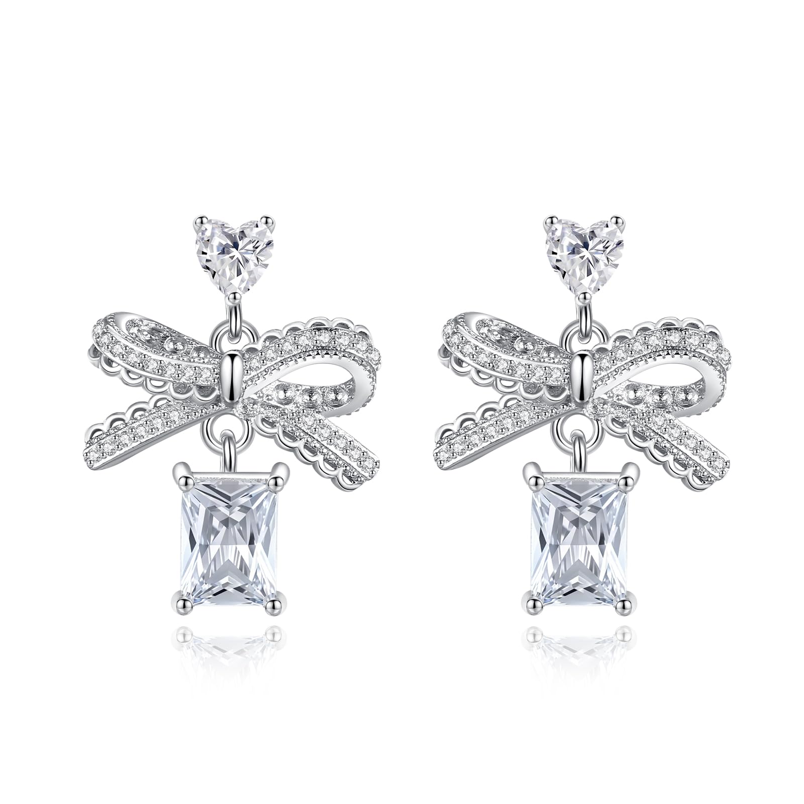 Bow Earrings for Women Silver Gold Bow Dangle Earrings Sparkly Cubic Zirconia 925 Sterling Silver Post Trendy for Mother Her (Silver)