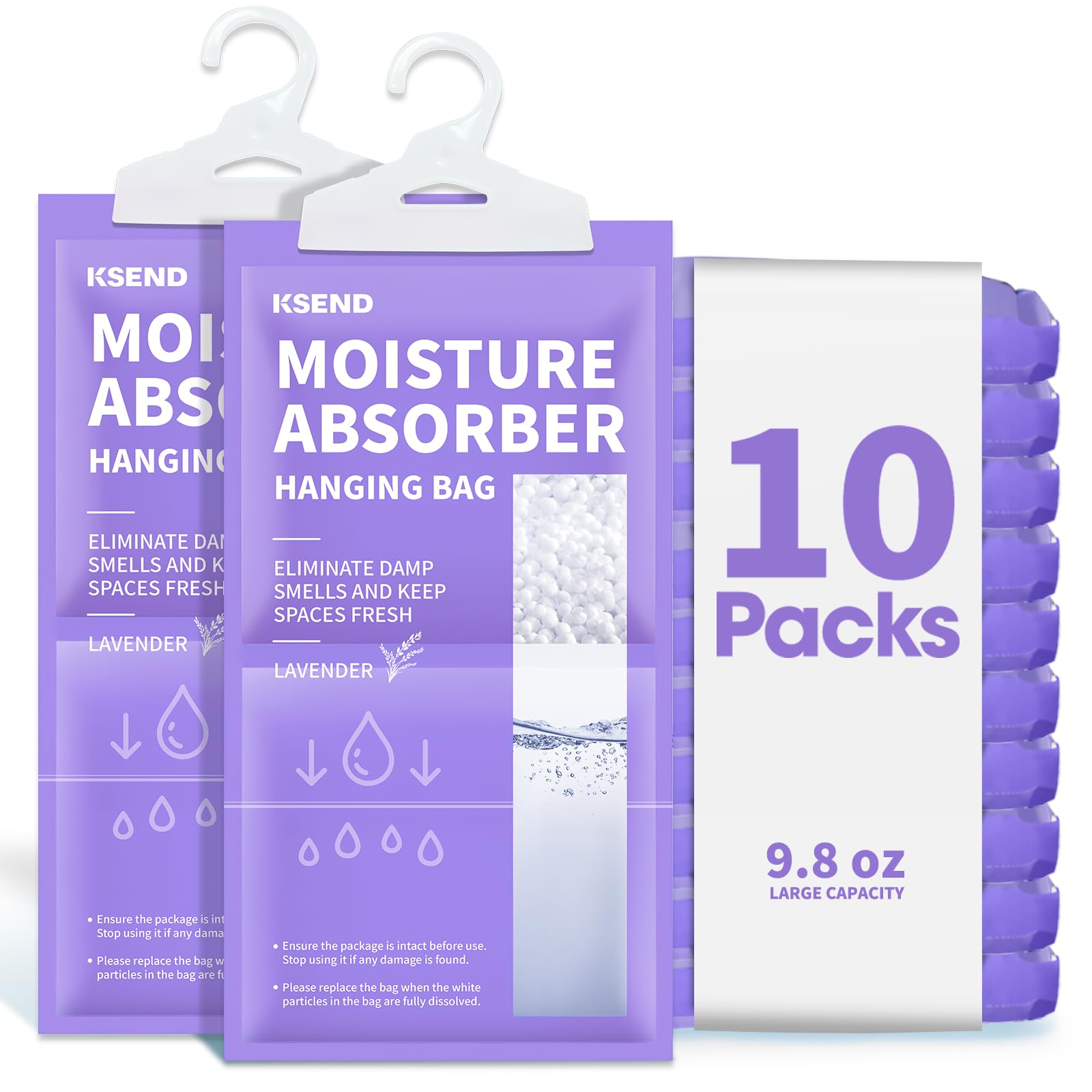 Ksend Moisture Absorbers 10 Pack, 9.8 Oz Compact Dehumidifier Bags & Packs, Moisture Hanging Bag, Humidity Absorbers, Closet Deodorizer Against Musty Odors, Lavender Scent, 11.8" x 6.3"