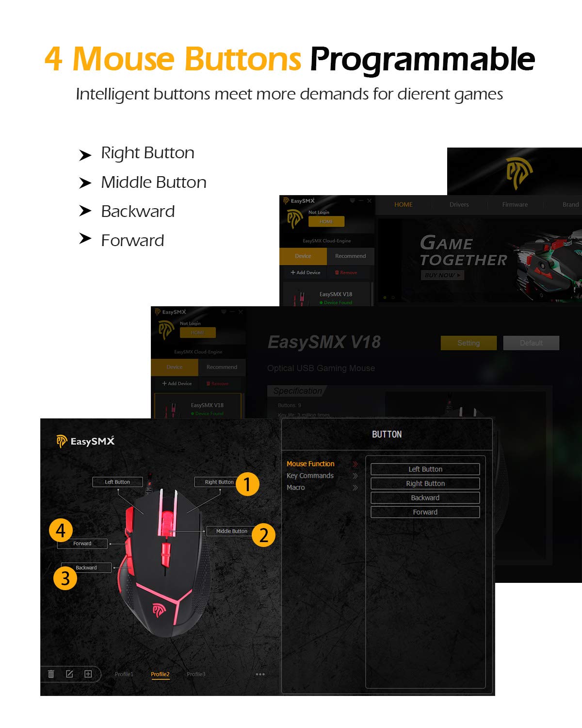 [Wired Gaming Mouse 4000 DPI 9 Buttons Programmable] EasySMX V18 Optical Mouse Weight Tuning Set Non-slip Design with LED Light Fire/Sniper Button for Laptop PC Computer Gamer (Black and Red)