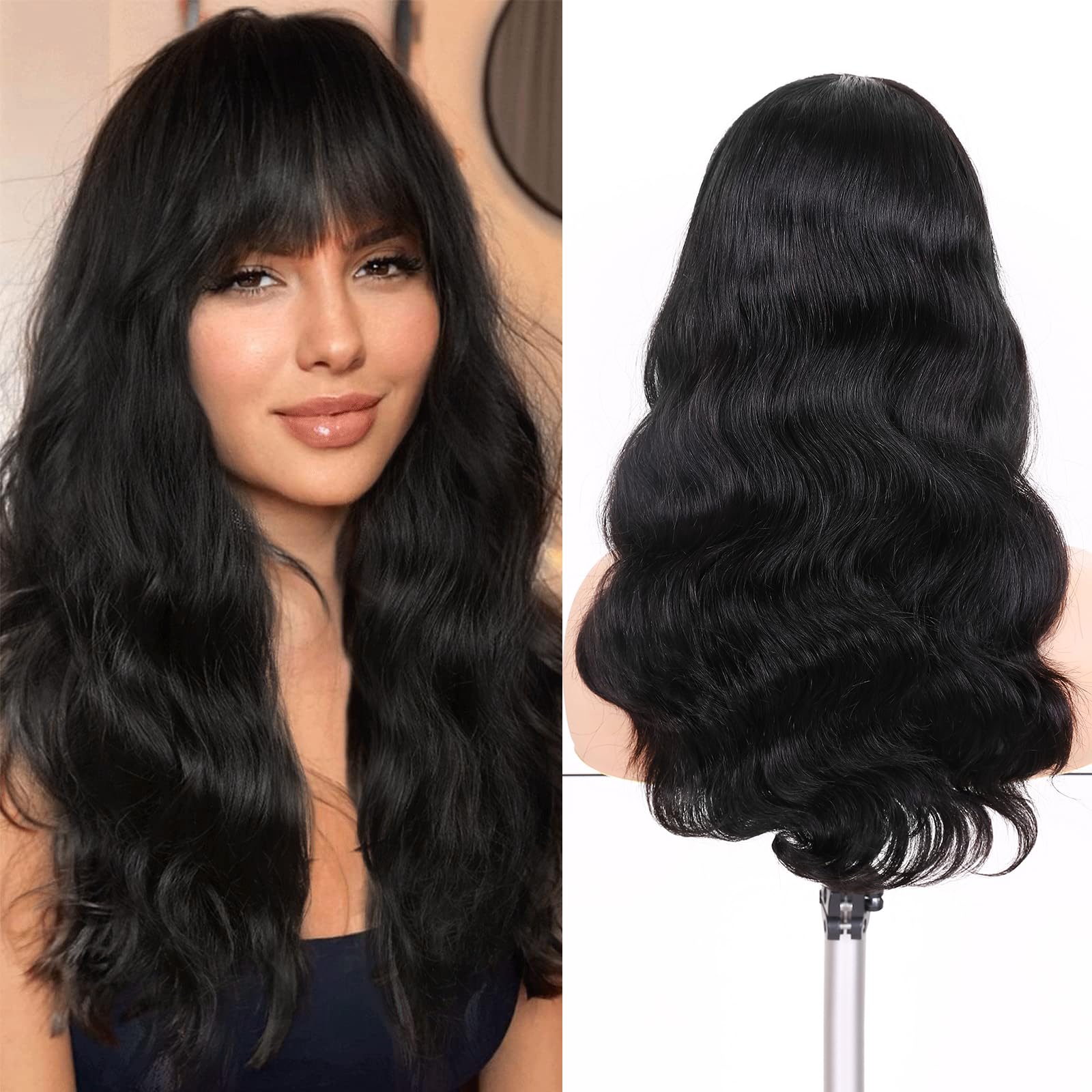 Photo 1 of WIGNEE Natural Wave Wigs with Bangs 100% Brazilian Human Hair Wave Wigs Natural Black (18 Inch 1B)