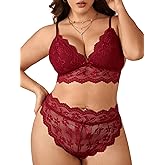 SweatyRocks Women's Plus Size 2 Piece Lingerie Sets Floral Lace Deep V Neck Bra and High Rise Panty Sets