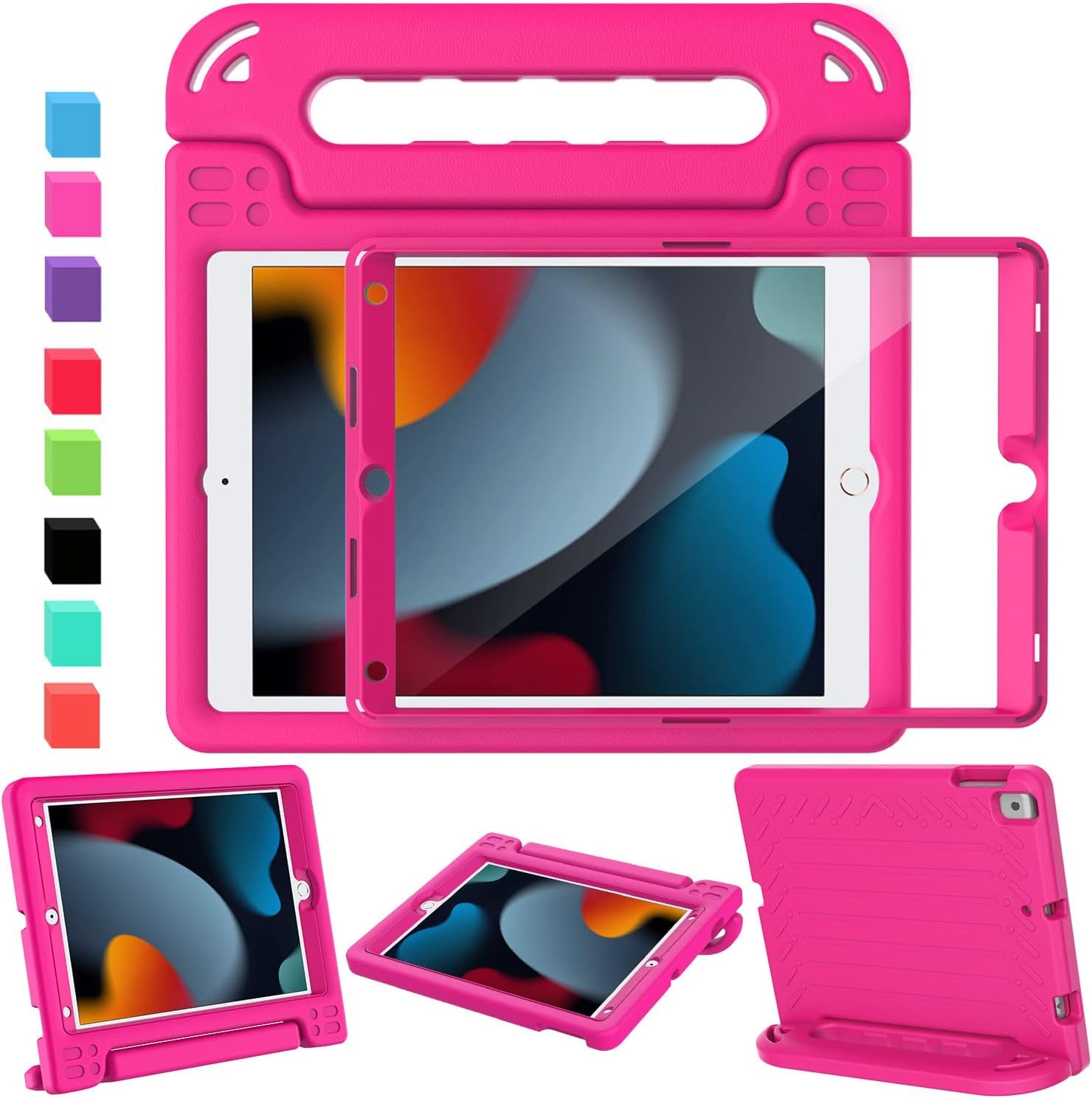 SINSO Case for iPad 9th Generation 2021/iPad 8th Generation 2020/iPad 7th Generation 2019, 10.2 Inch Kids ipad Cover Built-in Screen Protector, Shockproof Light Weight with Handle/Stand, Rose Pink