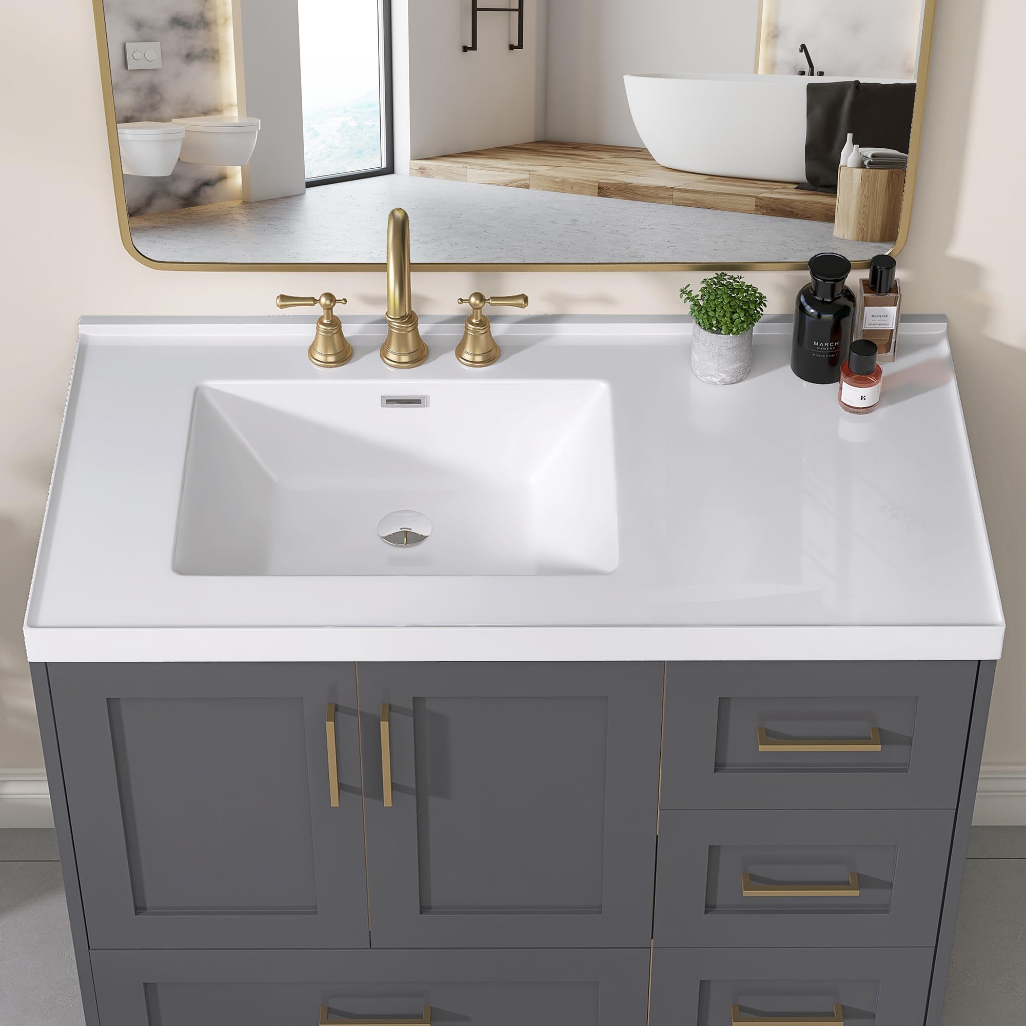 Photo 1 of GETPRO Vanity Top 42 in. W x 22 in. D Solid Surface Cultured Marble Bathroom Vanity sink Top and Integrated Backsplash Left Offset White Vanity Countertop with 4 inch Faucet Hole