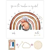 Miaoberry 100% Organic Cotton Muslin Monthly Baby Milestone Blanket with Wooden Hello World Newborn Sign, Newborn Photography Props, Birth Announcement Sign, Rainbow