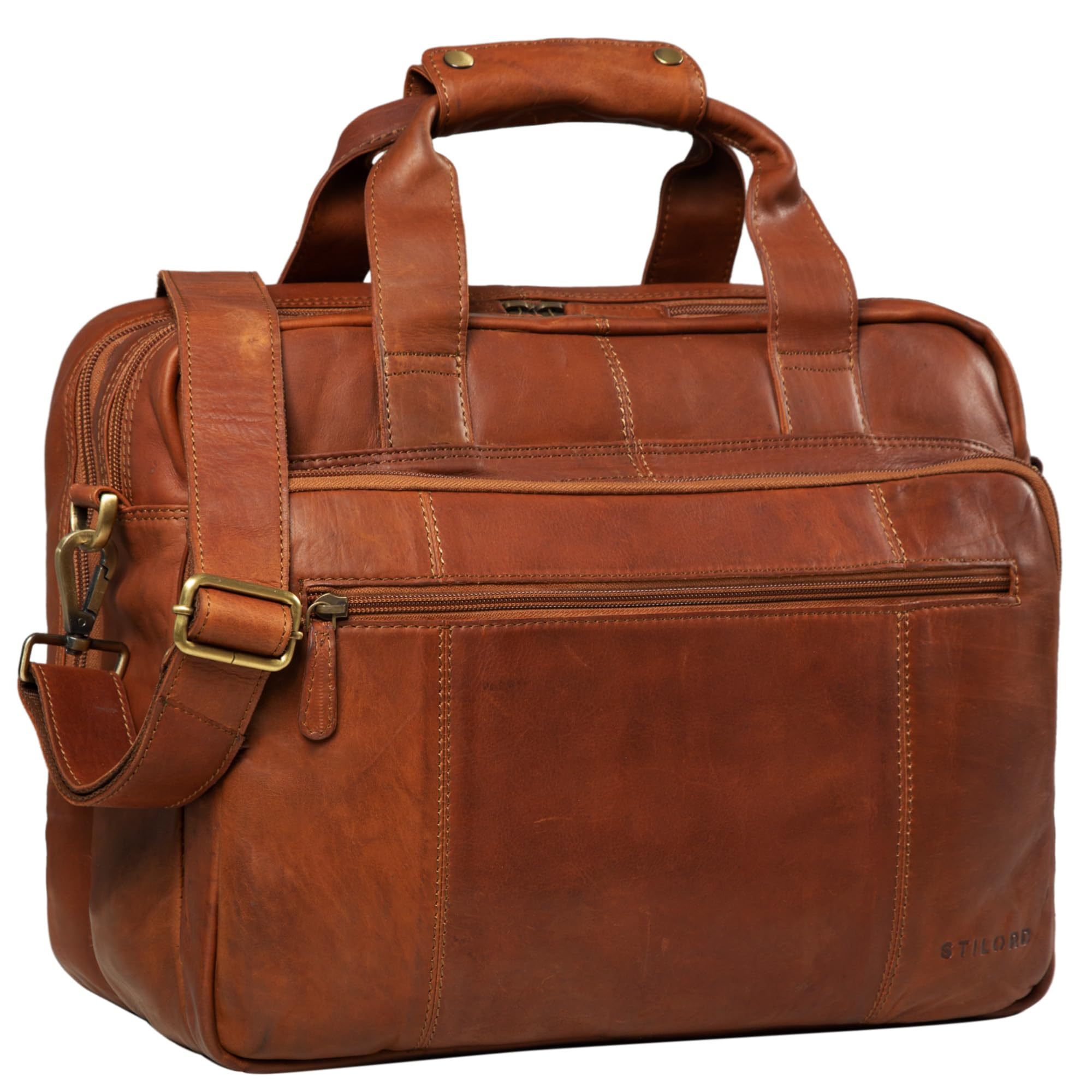 STILORD 'Experience' Teacher Leather Shoulder Bag for Men Women Vintage Business Briefcase Satchel for Laptop Attachable to Trolleys Genuine Leather, Colour:Cognac-Brown