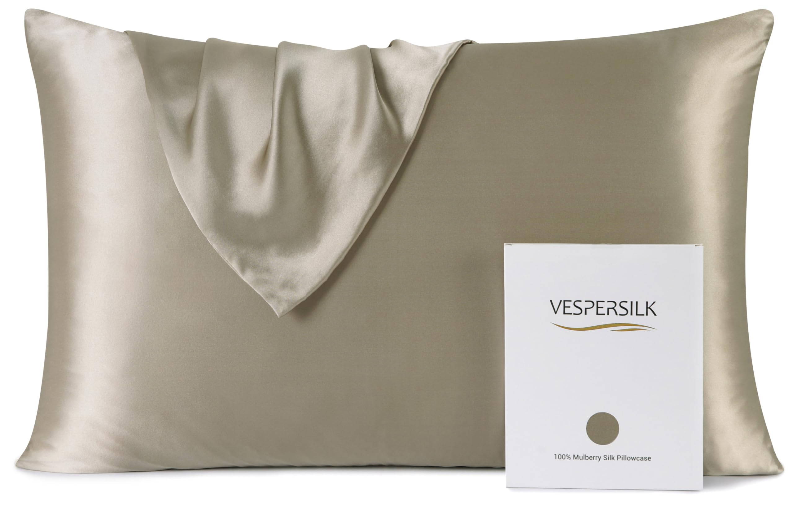 Vespersilk 100% Mulberry Silk Pillowcase for hair and skin, Real Premium 19 Momme, Grade 6A Silk on Both Sides, with Hidden Zipper, 1pc (Standard 50x75cm, Taupe) — image 1
