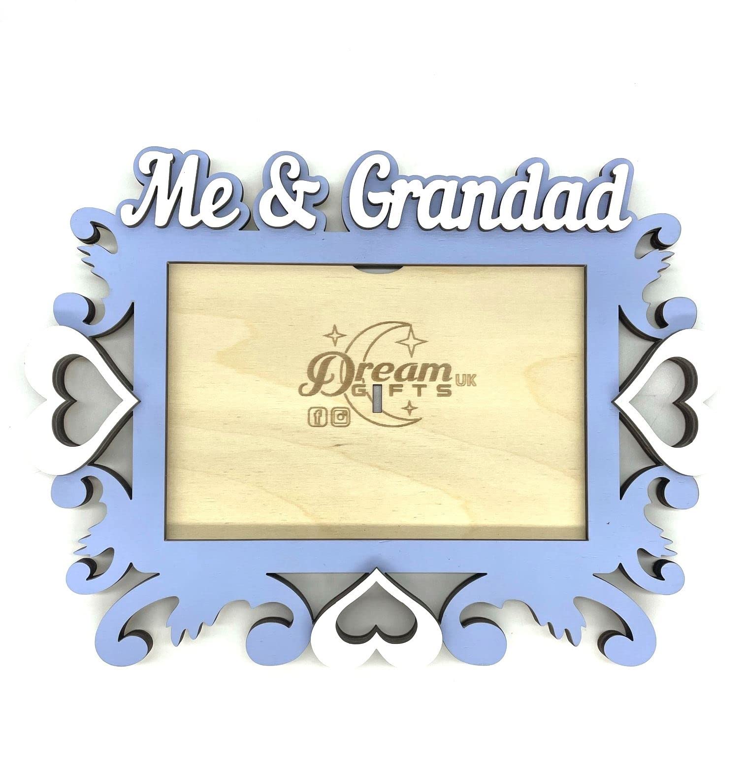 Me & Grandad Baby Hand Made Wooden Photo Frame Gift for Tabletop or Wall - Hearts (Lilac Blue)