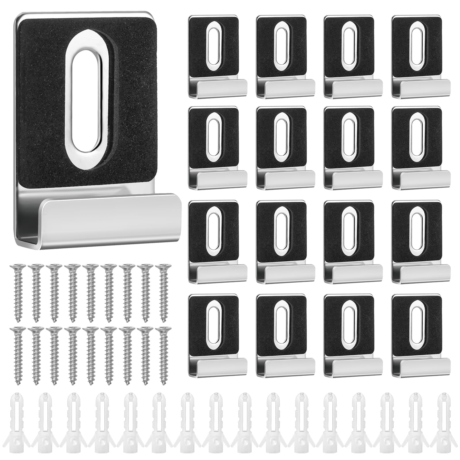 Photo 1 of 16pcs Metal Mirror Holder Kit, J Type Mirror Hanger Clip Kit with Screws Rubber Pads Mirror Hooks Heavy Duty Mirror Hanger Hardware for Frameless Mounting Wall Tile Billboard Display(Silver)