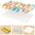 Cake Pop Display Stand - 35-Hole White Lollipop Holder with 100 Sticks, 100 Bags & 100 Gold Ties, Complete Cake Pop Kit for D