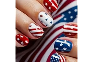 MMNHJHUT 4th of July Press on Nails Short Square Fake Nails Stars and Stripes False Nails Glossy Acrylic Nails with Patriotic Designs Stick on Nails for Women Girls Independence Day Party Parade Nail Art