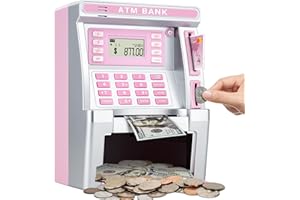 JYUSMILE Pink Piggy Bank for Kids, ATM Machine Bank for Real Money with Debit Card, Bill Feeder, Coin Recognition, Balance Calculator, Electronic Savings Safe Box, Gifts for Teen Boy Girl