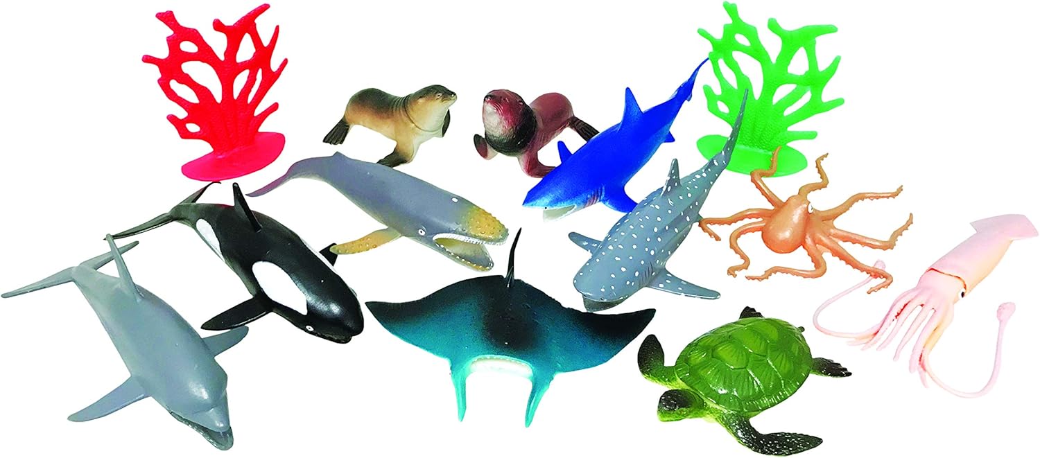 Wenno 13-pc Ocean Animal Playset in Bucket 11 Animals Dolphin, Orca, Seal, Manta, Shark, Sea Turtle, Sea Lion, Octopus, Squid, Whale and Whale Shark with 2 Coral (Sea Animal, 13PC)