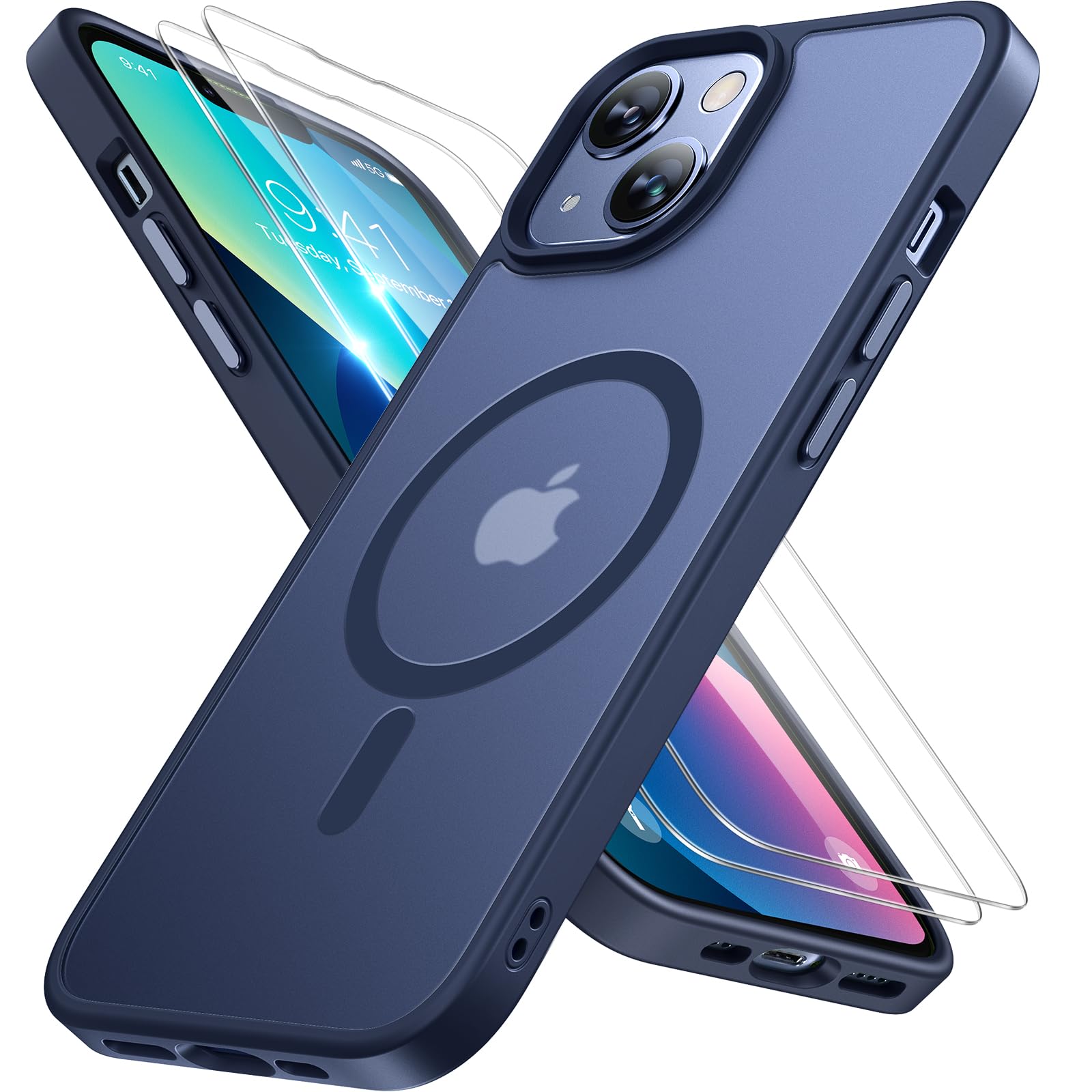 Photo 1 of Miracase Magnetic for iPhone 13 Case 6.1 inch (Compatible with MagSafe)?with 2X Screen Protectors? Military-Grade Protection, Anti-Fingerprint Translucent Matte Phone Case Cover, Dark Blue