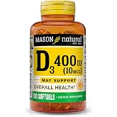 MASON NATURAL Vitamin D3 10 mcg (400 IU) - Supports Overall Health, Strengthens Bones and Muscles, 100 Softgels