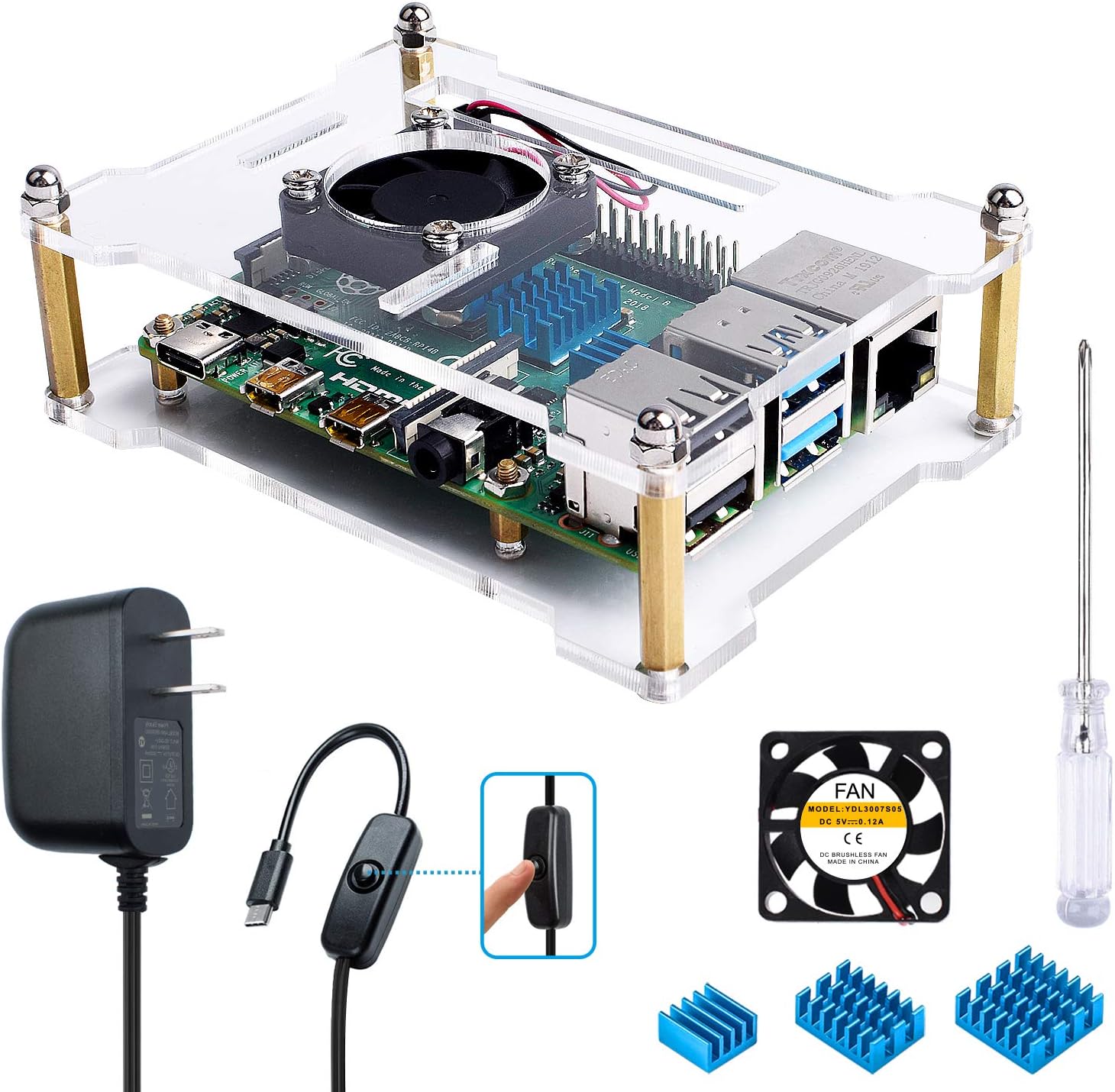 Miuzei Case for Raspberry Pi 4 with Fan, 3X Heatsinks, 3A USB-C Power Supply, Open-Air Case for Raspberry Pi 4 Model B