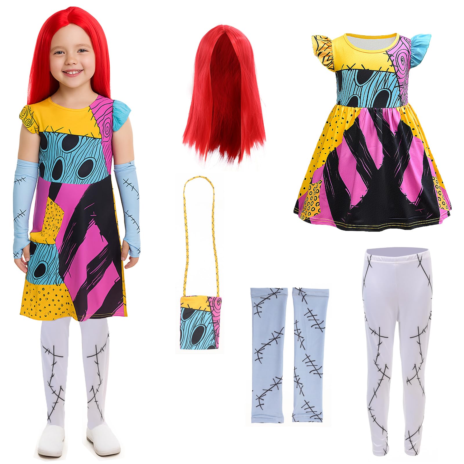 AENEY Girls Sally Christmas Costume, 5PCS Fancy Dress Outfits with Red Wig Bag Sleeves Leggings for Halloween (XLarge,8-9 Years)