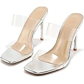 Aomigoct Clear Heels for Women Party: Square Toe Two Strap Stiletto Heels Slip on Prom Wedding Shoes