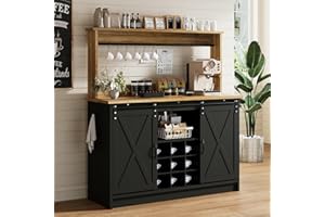 4ever2buy Farmhouse Coffee Bar Cabinet with Storage, 47'' Buffet Cabinet with Hutch and Sliding Barn Door, Coffee Bar with 9 Wine Racks and 6 Hooks for Dining Room, Living Room, Black