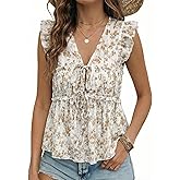 Acelitt Womens V Neck Ruffle Cap Sleeve Tie Front Tops,S-XXL