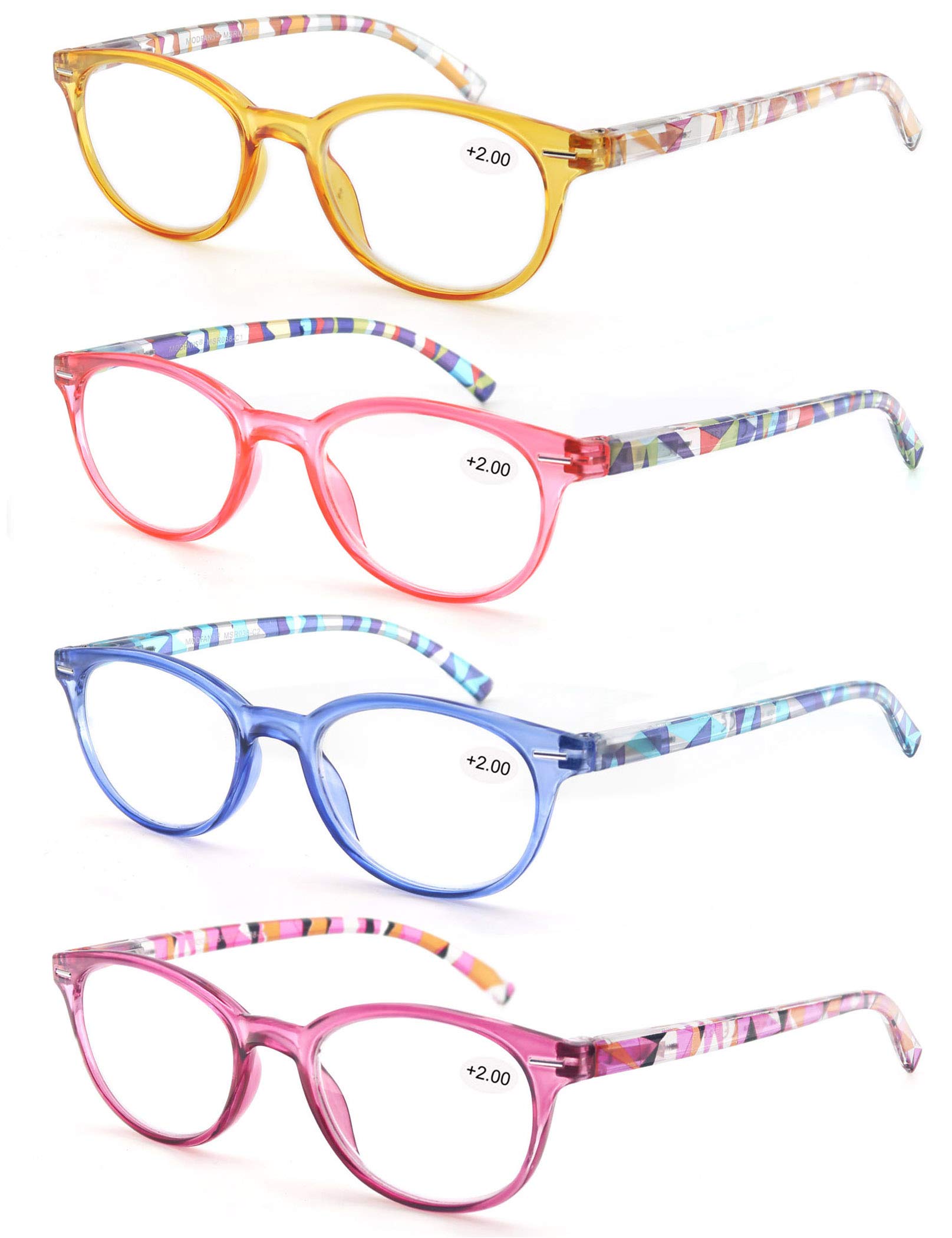 MODFANS Reading Glasses Women,4 Pack Fashion Ladies Readers Glasses,Comfort Spring Hinge Eyeglasses Round,Stylish Colorful Pattern Design